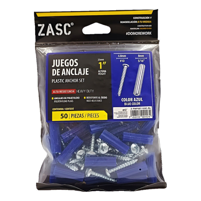 Ramplug Tarugo Azul Plástico Con Tornillos 50 Pzas