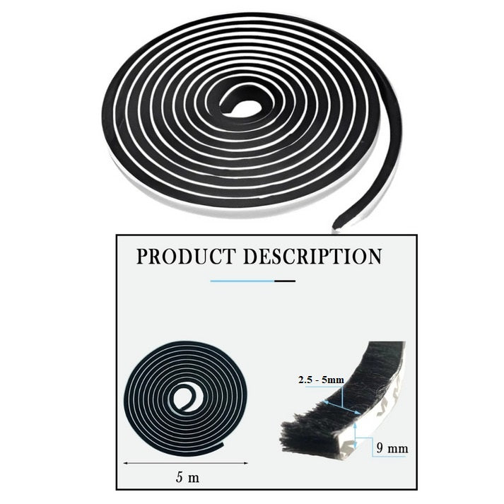 Burlete De Cepillo Adhesivo Negro Pvc 9mm X 5mm X 5m