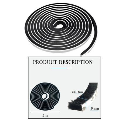 Burlete De Cepillo Adhesivo Negro Pvc 9mm X 5mm X 5m