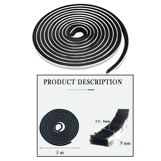 Burlete De Cepillo Adhesivo Negro Pvc 9mm X 5mm X 5m