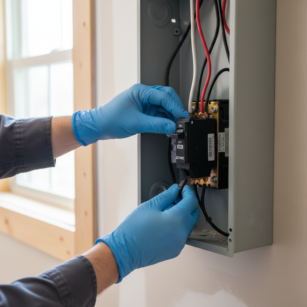 Instalación profesional del breaker THQL en panel eléctrico residencial