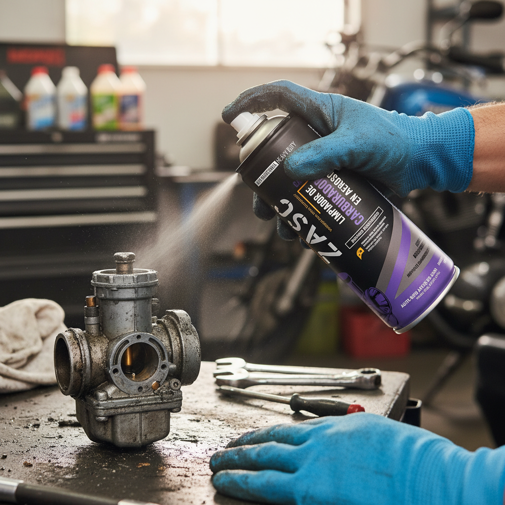 Limpiador ZASC en uso real aplicándose en carburador