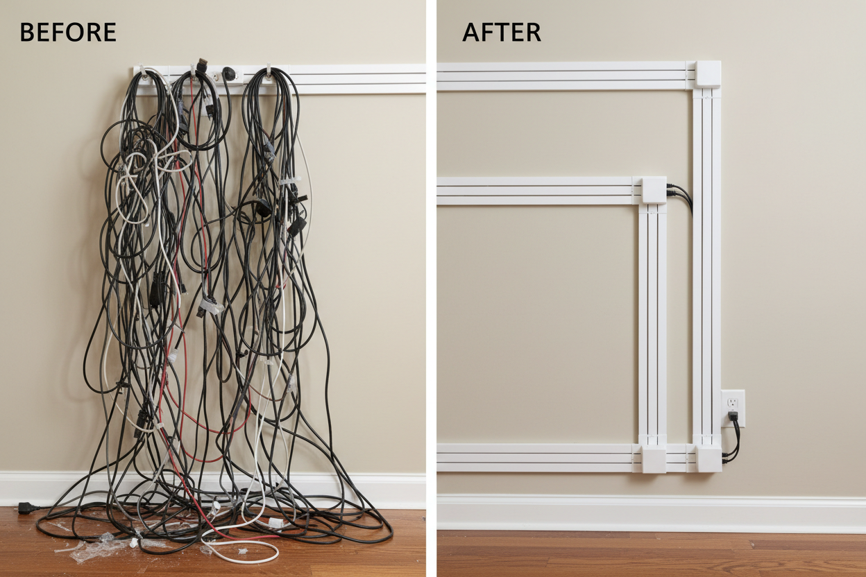 Antes y después: cables desordenados vs cables organizados con canaleta