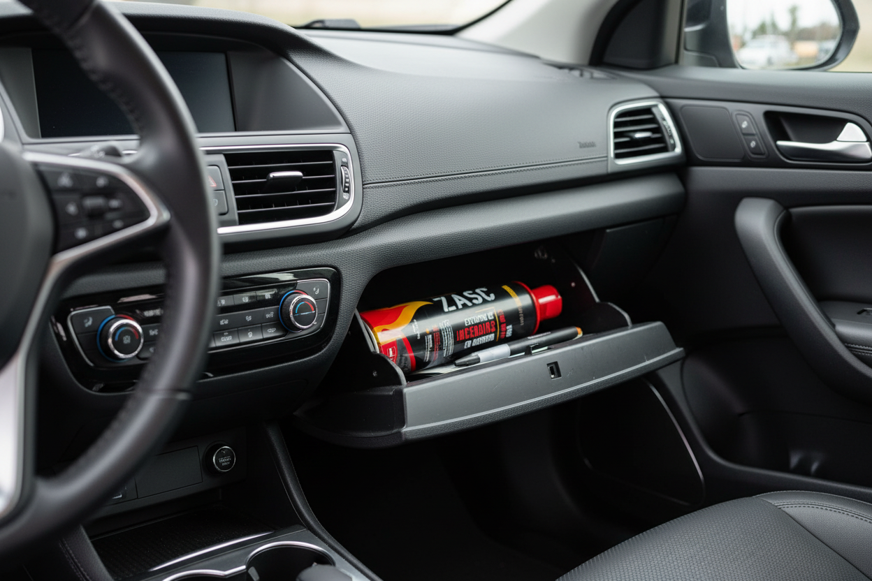 Extintor ZASC guardado en guantera de carro, almacenamiento seguro vehicular
