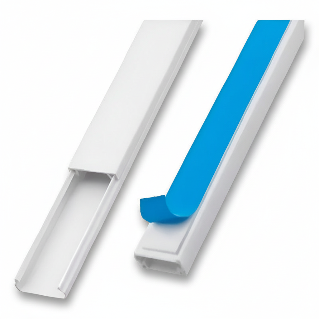 Canaleta PVC 20x10mm blanca autoadhesiva con sombras naturales, fotografía profesional