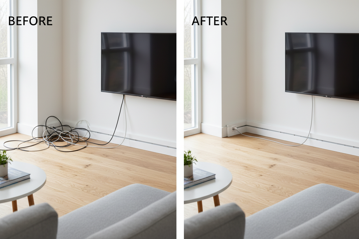 Canaleta instalada en sala organizando cables de TV e internet de forma profesional