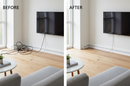 Canaleta instalada en sala organizando cables de TV e internet de forma profesional