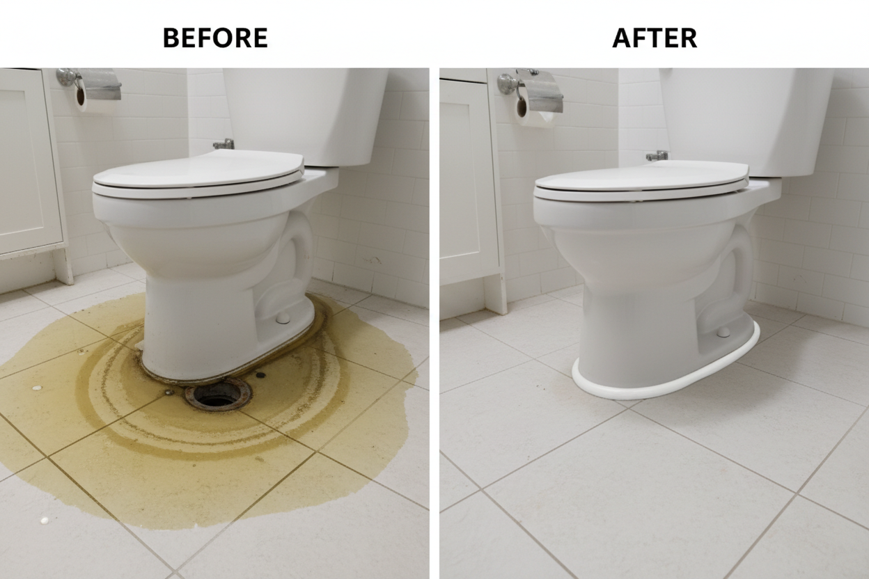 Antes y después - Anillo de cera elimina filtraciones en poceta