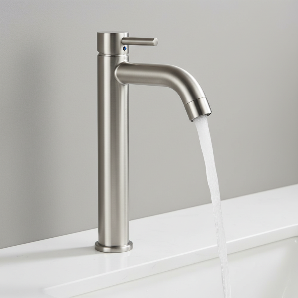 Detalle del acabado cepillado y agua fluyendo del grifo Ferco